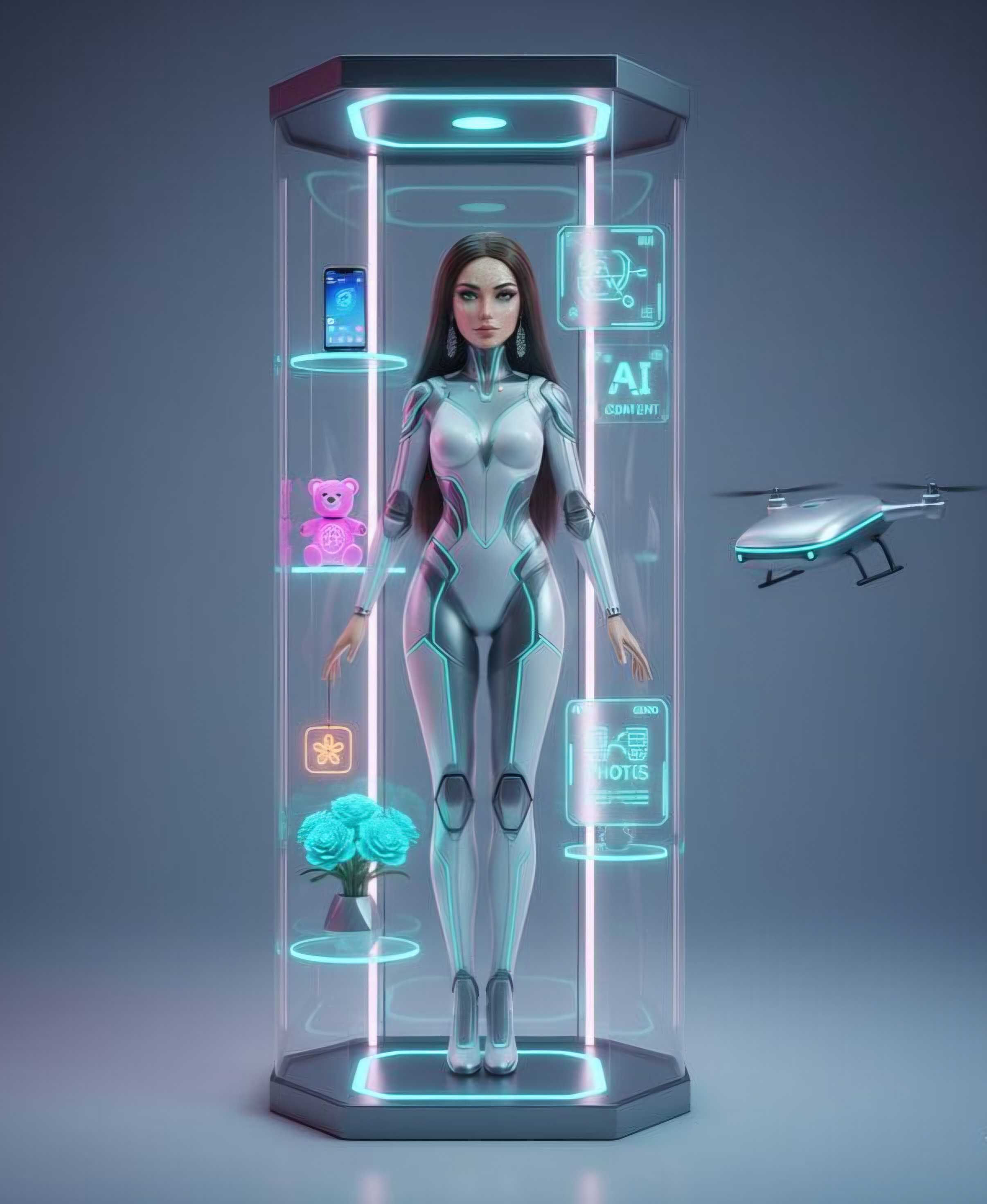 Futuristic AI character concept render for an immersive exhibition experience