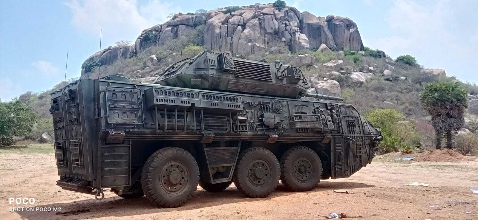 Military armoured vehicle replica being fabricated for a defence exhibition