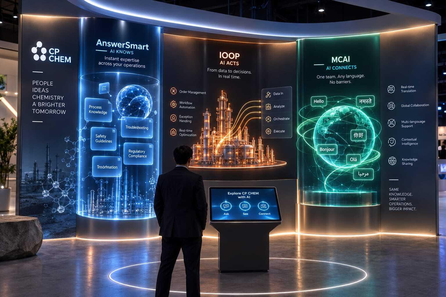 Multi-panel interactive exhibition wall running three connected product experiences