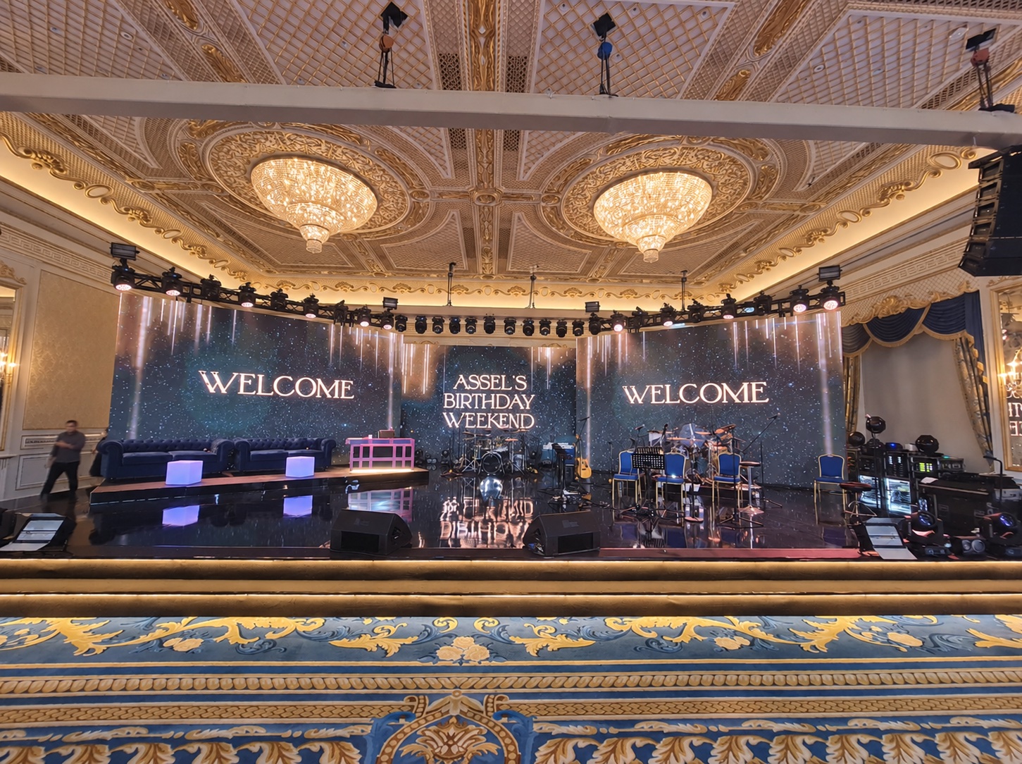 Curved LED screen stage production in luxury gold ballroom by Morph