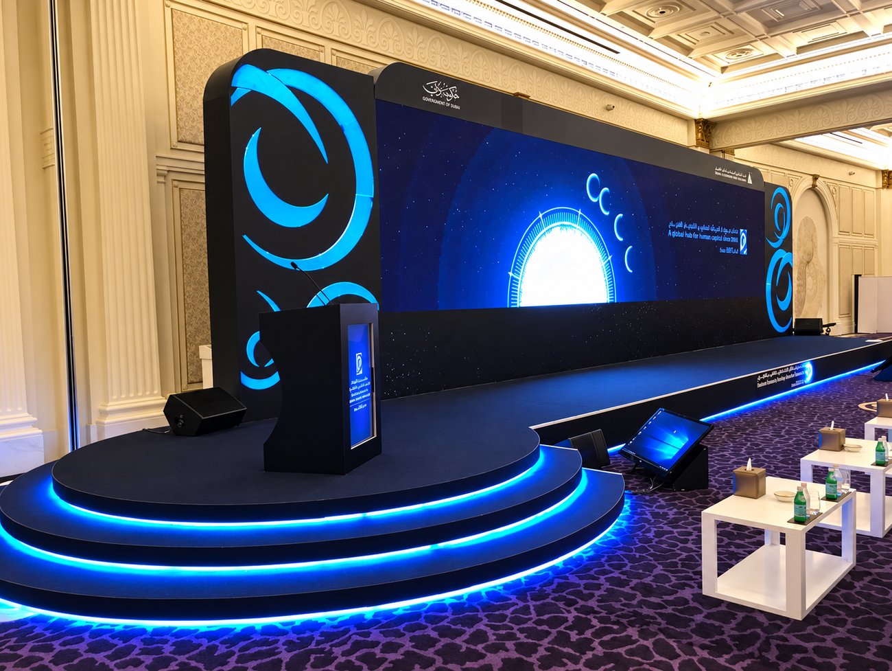 Government of Dubai conference stage with curved LED steps and backdrop, built by Morph