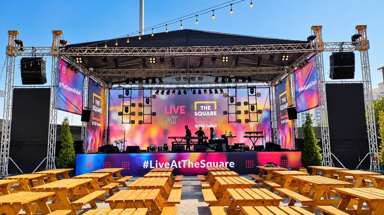 Live at the Square stage build with truss rig and LED backdrop at ISD Dubai, built by Morph