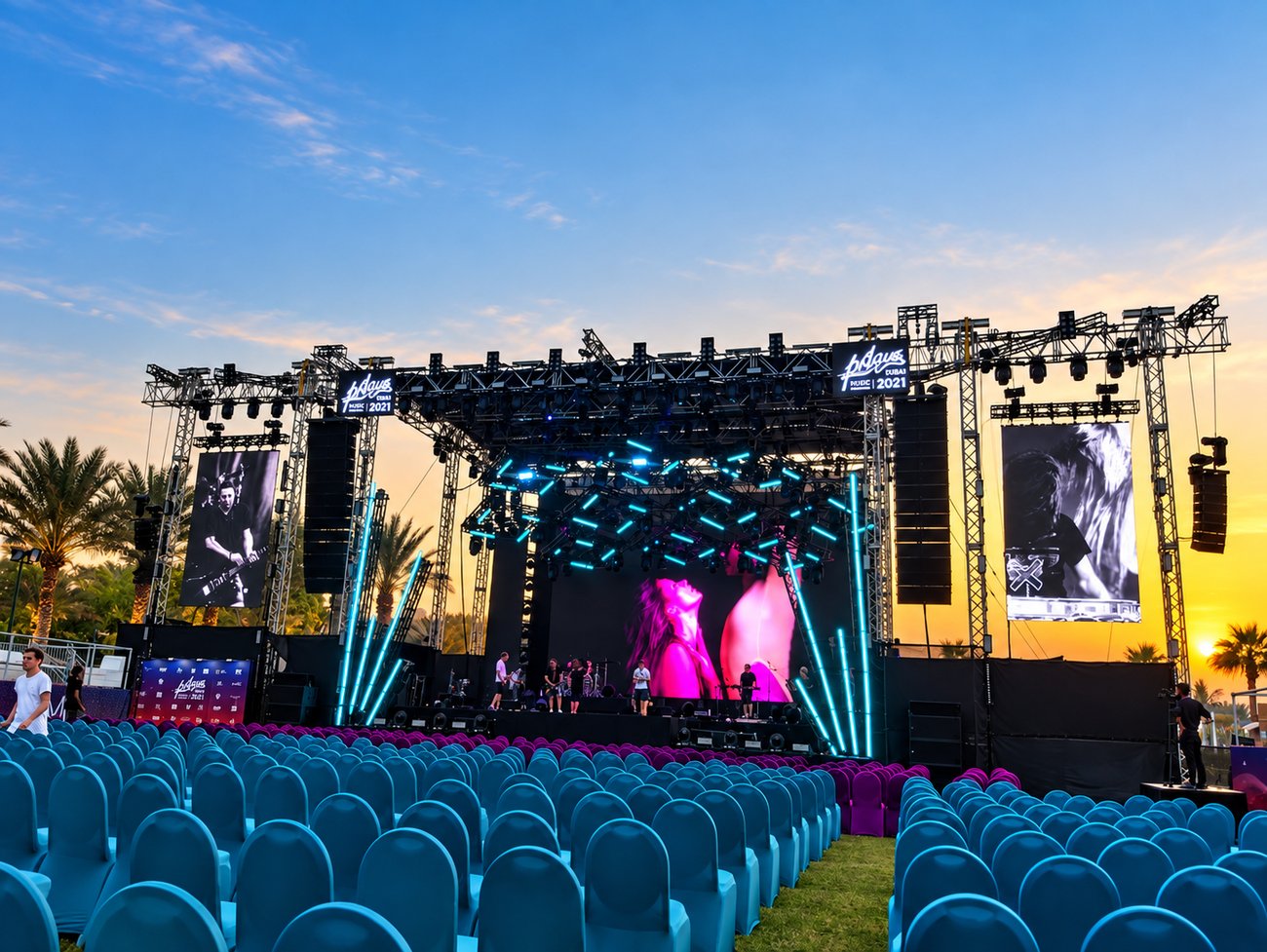 Pdays Dubai festival main stage with curved lighting truss and LED screens, built by Morph