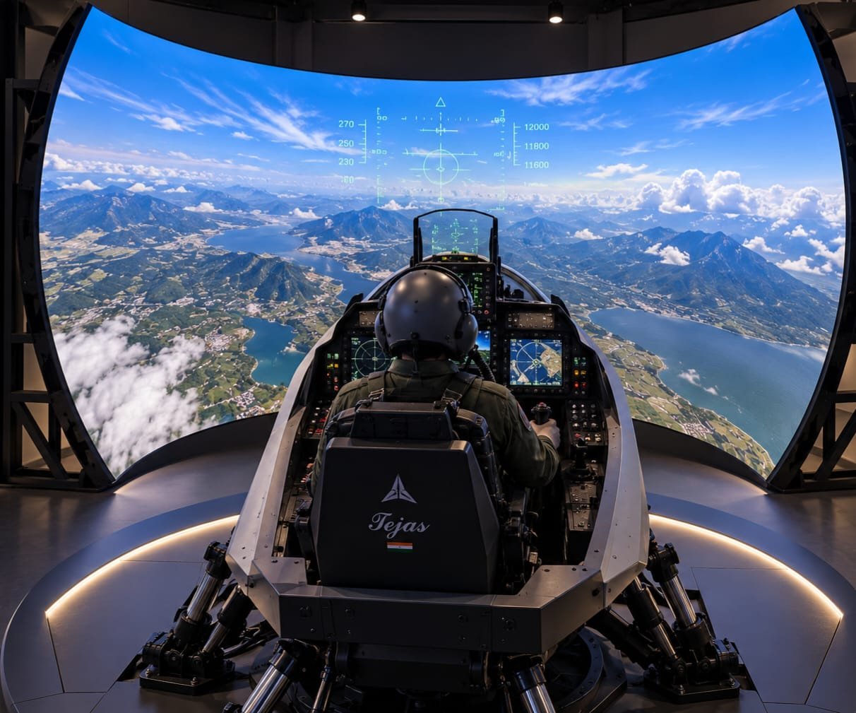 Visitor seated in a Tejas LCA flight simulator cockpit built by Morph, wraparound screens showing terrain in flight